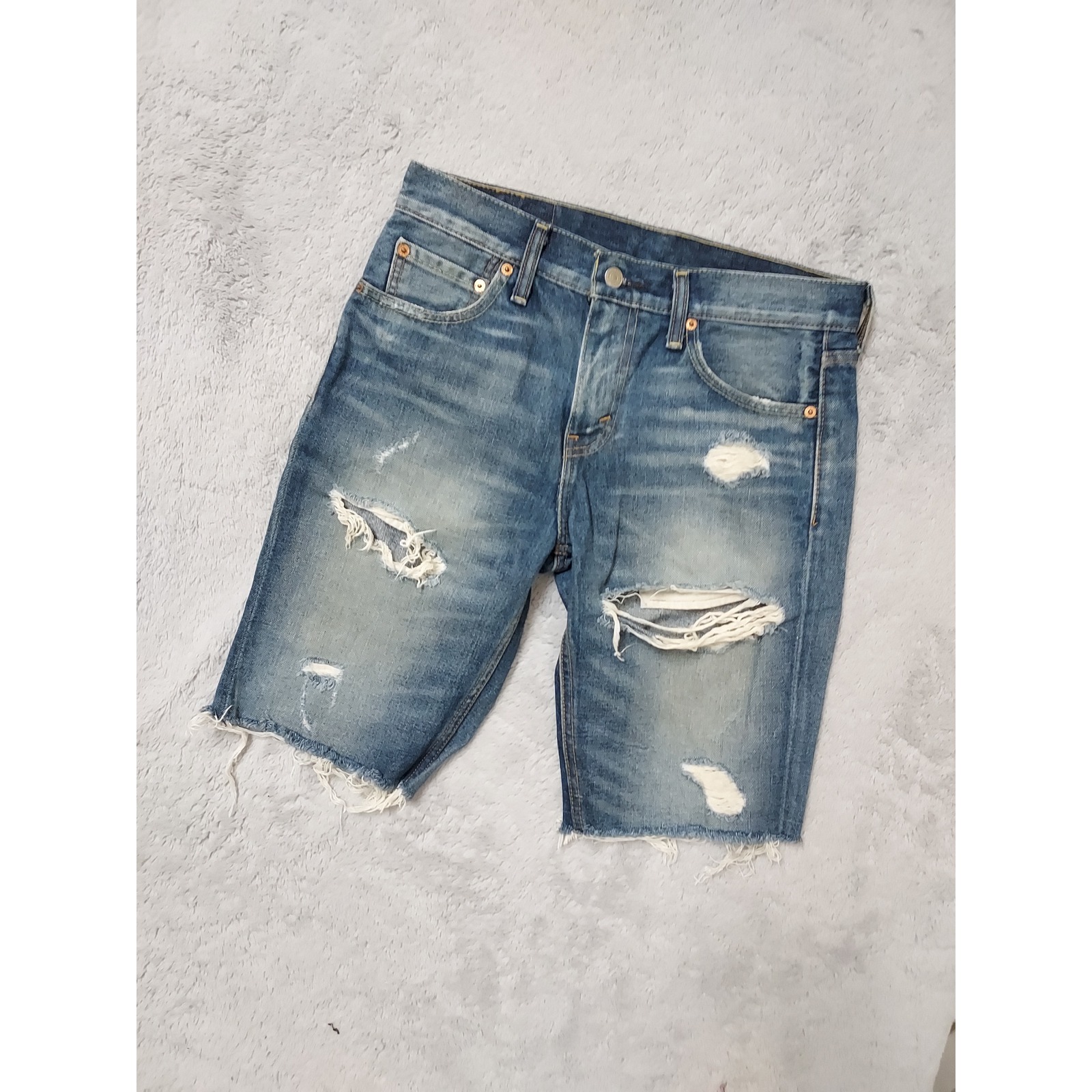 Levis Jeans Shorts Men 29 Distressed Raw Hem Destroyed Denim Blue Slim Fit Jorts